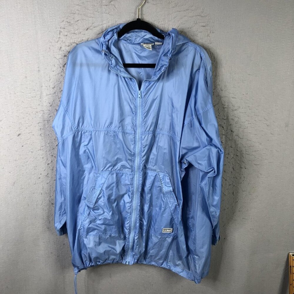 Vintage LL Bean Jacket Womens XL Light Blue Nylon Hooded Windbreaker Zip 90s